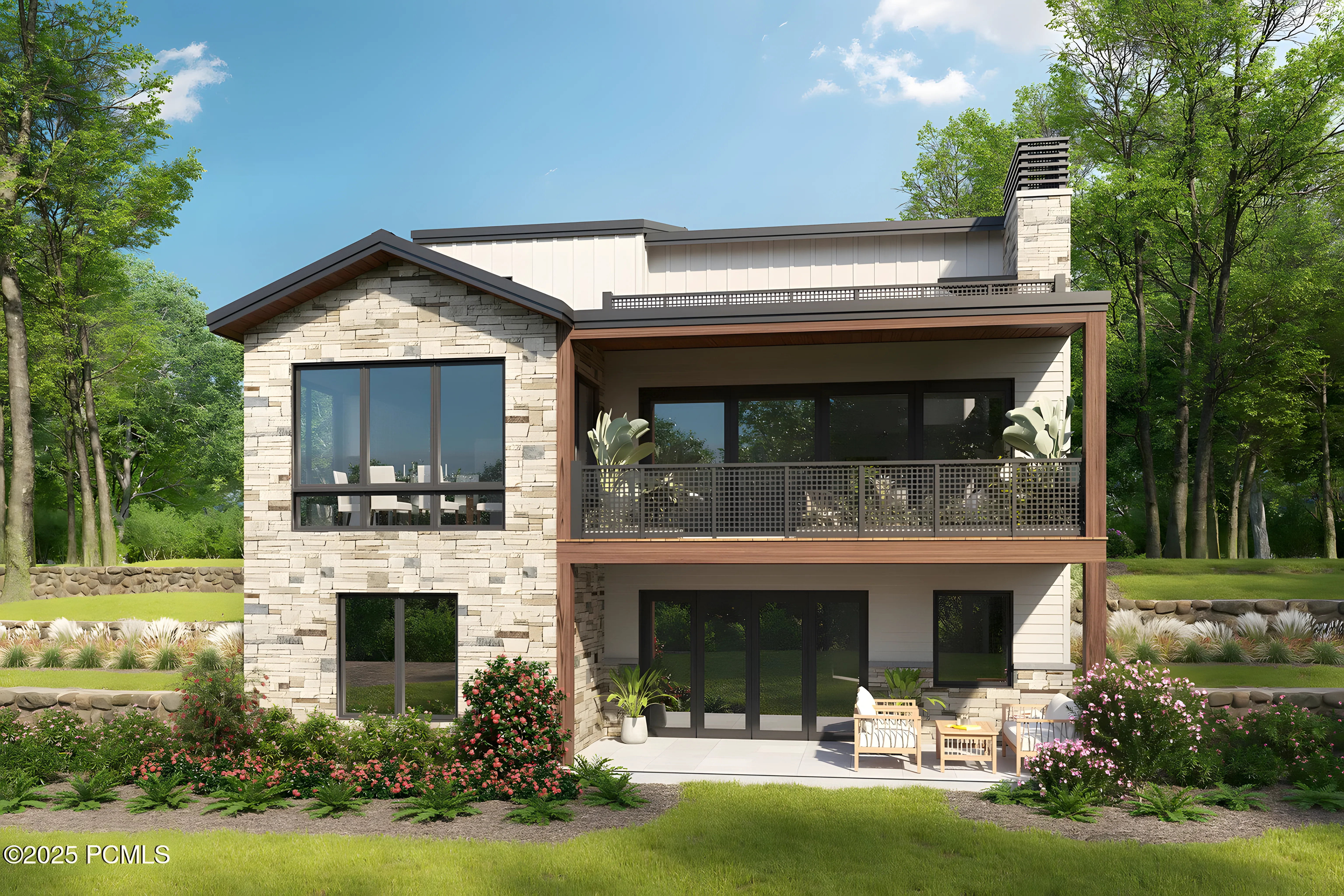 Park City Hideaway rear elevation with covered wood deck and lower patio