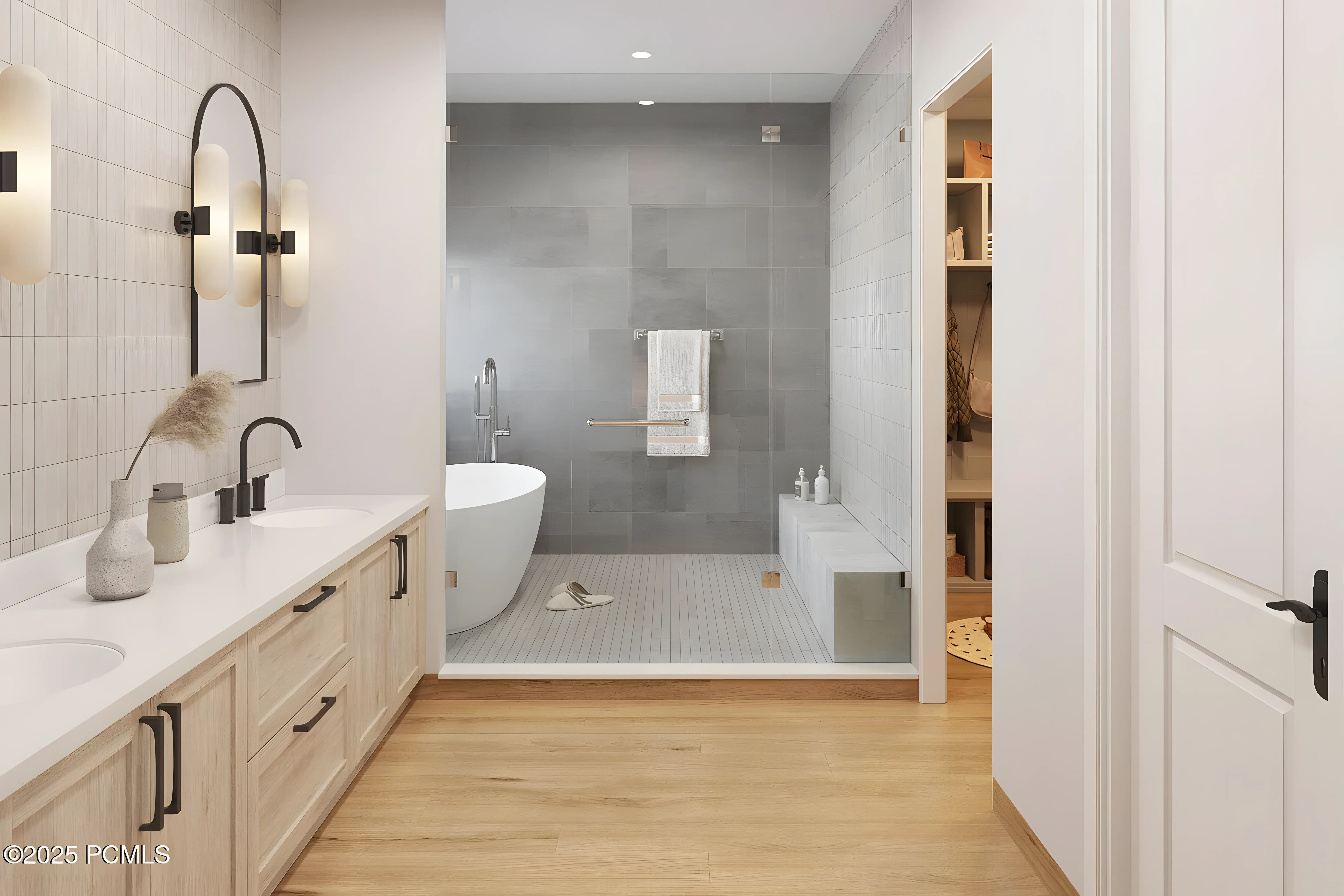 Park City Hideaway primary bath — soaking tub, walk-in shower, double vanity
